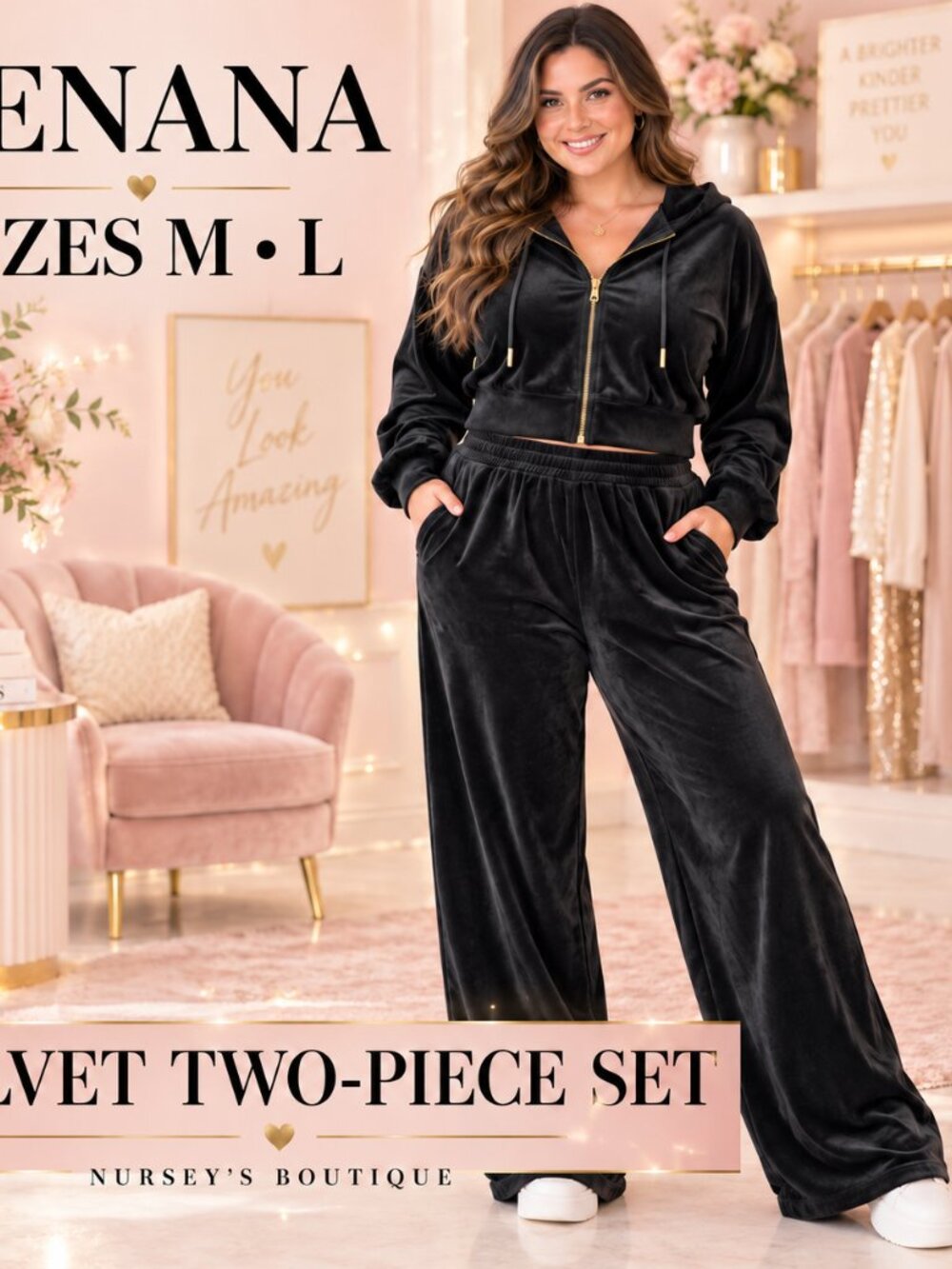 Zenana Black Velvet Velour Hoodie Wide Leg Pants Set Size L New